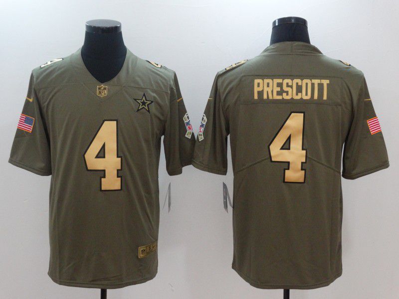 Men Dallas Cowboys 4 Prescott Gold Nike Olive Salute To Service Limited NFL Jersey